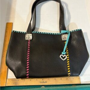 Brighton black pebble leather small tote bag multi-color whipstitch silver heart